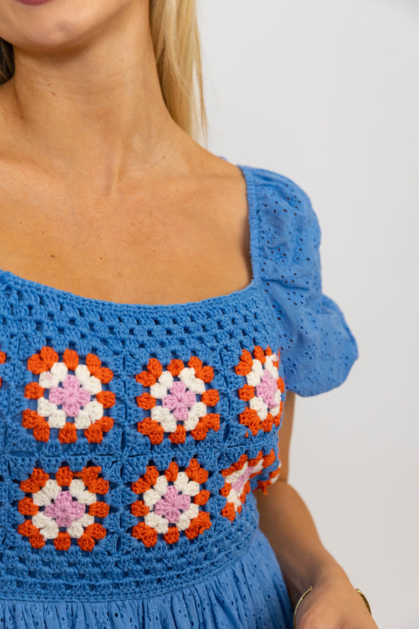 Karlie Crochet Trimmed Puff Sleeve Dress