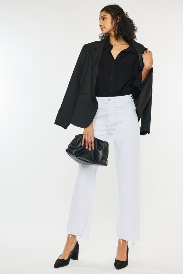 Kan Can High Rise Slim Wide Leg White Jeans