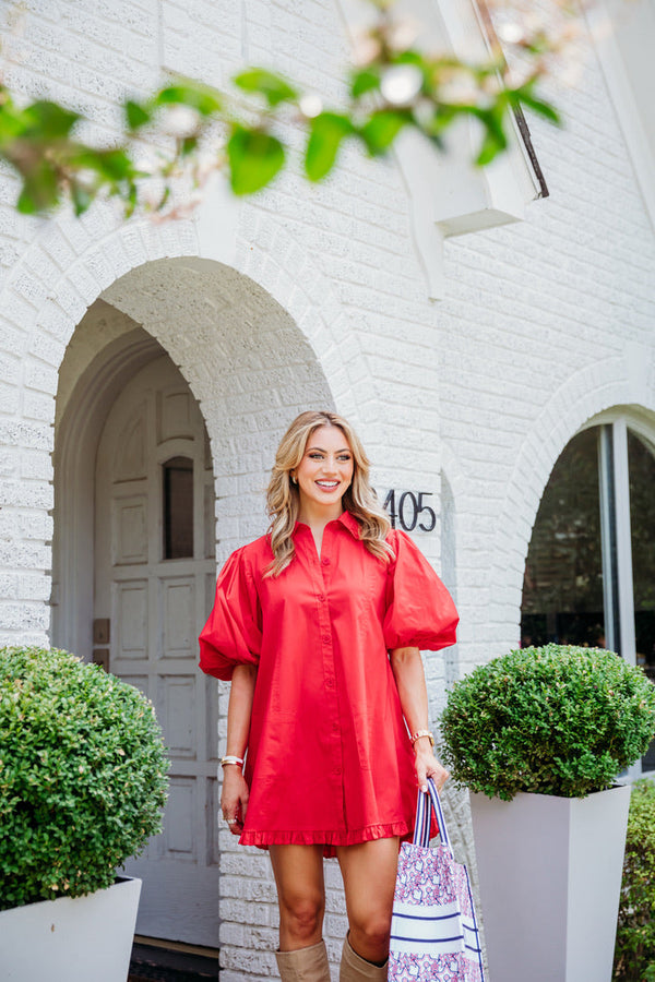 karlie Puff Sleeve Ruffle Pocket Dress