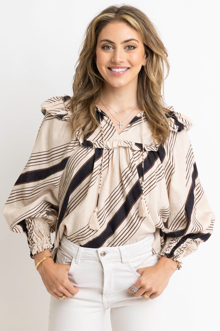 Karlie Stripe Ruffle Puff Sleeve Top