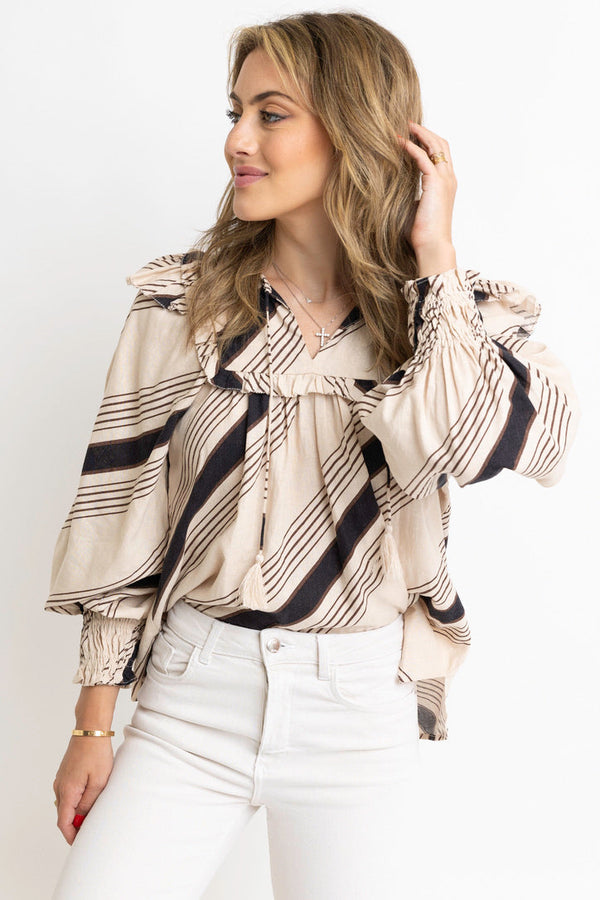 Karlie Stripe Ruffle Puff Sleeve Top