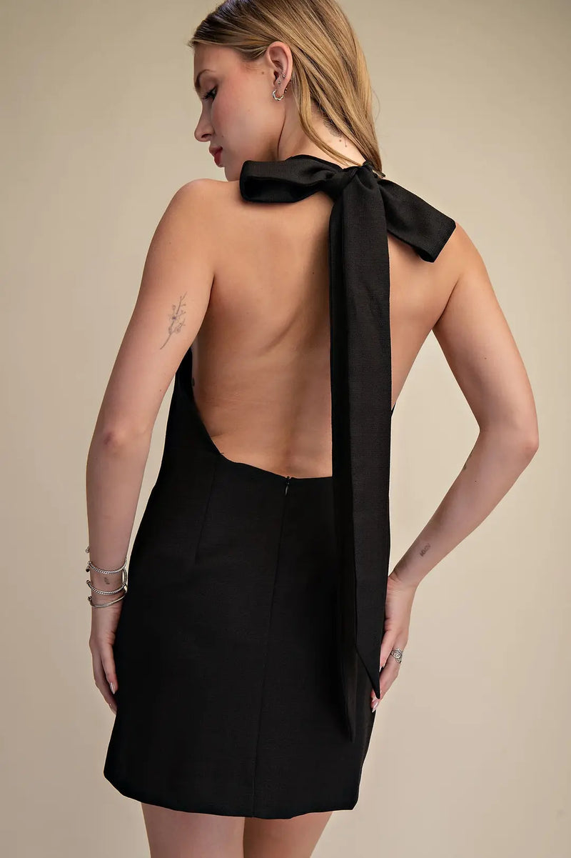 Glam Halter Neck Open Back Bow Mini Dress L